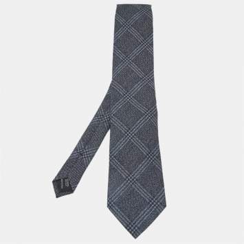 Pre Owned Tom Ford Navy Blue Plaid Wool and Silk Blend Classic Tie 