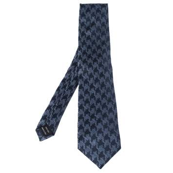 Pre Owned Tom Ford Navy Blue Houndstooth Silk Jacquard Tie