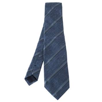 Pre Owned Tom Ford Blue Mini Check & Stripe Silk Blend Tie