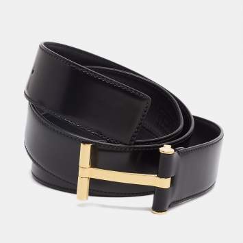 Pre Owned Tom Ford Black Leather Logo Buckle Belt 105 CM