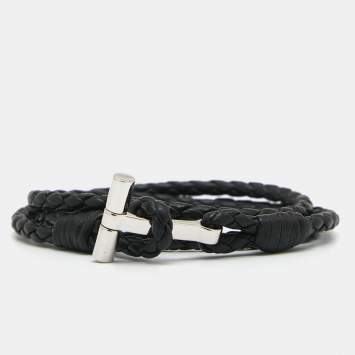 Pre Owned Tom Ford Black Woven Leather Silver Tone Wrap Bracelet