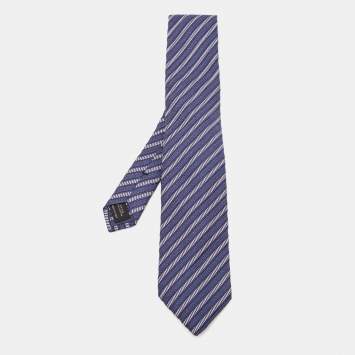 Pre Owned Tom Ford Dark Blue Diagonal Striped Cotton & Silk Tie