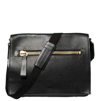 Pre Owned Tom Ford Black Grained Leather Buckley Flap Messenger Bag
