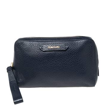 Pre Owned Tom Ford Navy Blue Leather Zip Around Wristlet Pouch