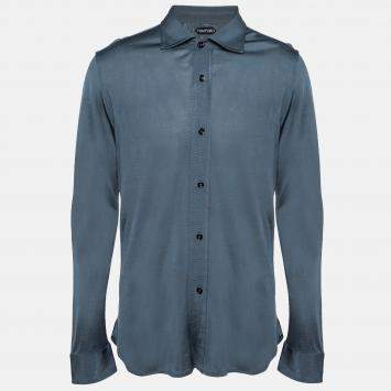 Pre Owned Tom Ford Blue Stretch Knit Button Front Shirt XL