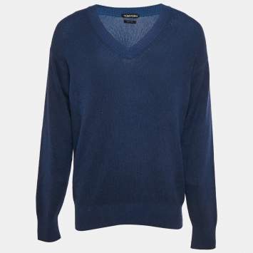 Tom Ford Navy Blue Cashmere Knit V-Neck Sweater XL