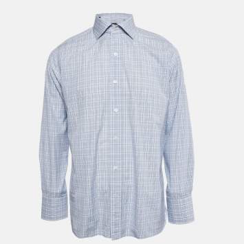 Pre Owned Tom Ford Blue Tartan Pattern Cotton Button Front Shirt XL