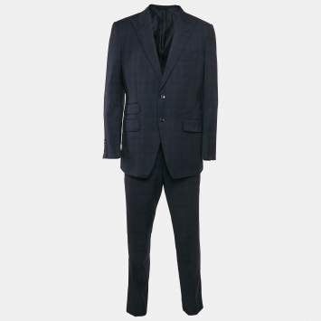 Pre Owned Tom Ford Navy Blue Wool Plaid Pants Suit XL