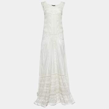 Pre Owned Roberto Cavalli White Cotton & Lace Sleeveless Maxi Dress S