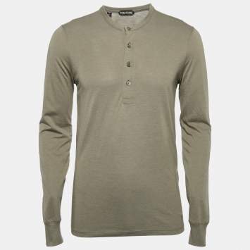 Pre Owned Tom Ford Green Jersey Long Sleeve Henley Neck T-Shirt M