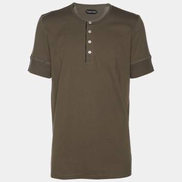 Pre Owned Tom Ford Olive Green Cotton Knit Henley T-Shirt XL