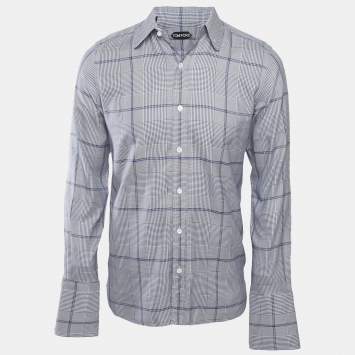 Tom Ford Blue Houndstooth Cotton Long Sleeve Shirt L