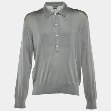 Tom Ford Grey Silk Knit Long Sleeve Polo Jumper 3XL