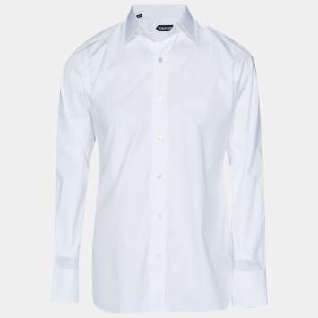 Pre Owned قميص توم فورد قطن أبيض بأكمام طويلة مقاس كبير (لارج)