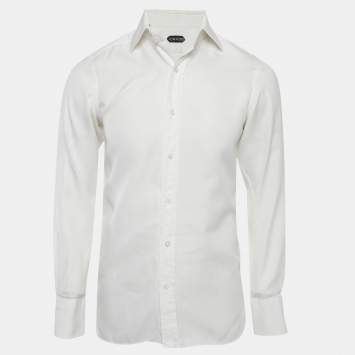 Pre Owned Tom Ford White Herringbone Cotton Button Up Shirt M