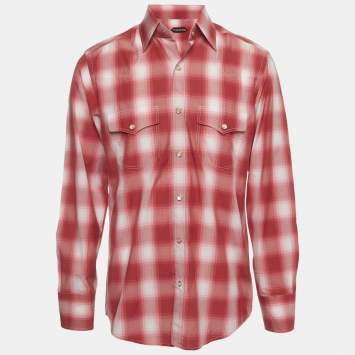 Pre Owned Tom Ford Red Plaid Print Poplin Button Down Shirt L