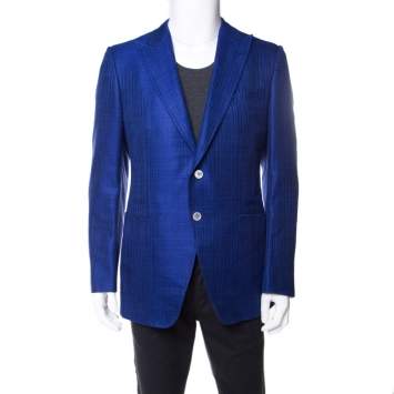 Pre Owned Tom Ford Cobalt Blue Textured Linen Silk Tailored Blazer L