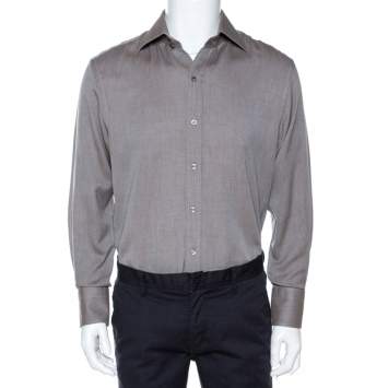 Pre Owned Tom Ford Brown Herringbone Cotton Long Sleeve Shirt XL