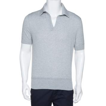 Pre Owned Tom Ford Grey Rib Knit Cotton V Neck Polo T-Shirt L