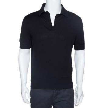 Pre Owned Tom Ford Black Rib Knit Cotton V Neck Polo T-Shirt L
