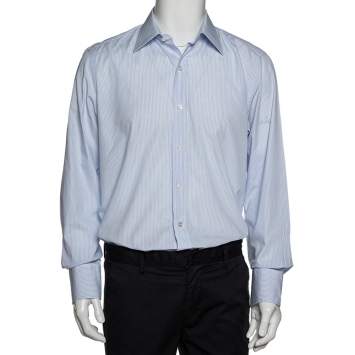Pre Owned Tom Ford Blue & White Striped Cotton Long Sleeve Shirt XXL