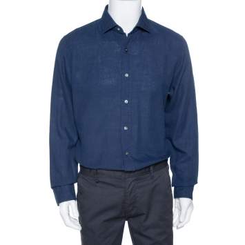 Pre Owned Tom Ford Navy Blue Linen & Cotton Long Sleeve Shirt XXL