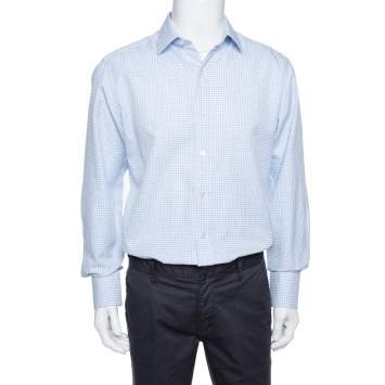 Pre Owned Tom Ford White & Blue Checkered Cotton Su Misura Long Sleeve Shirt XXL