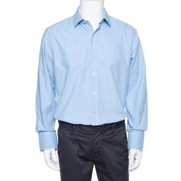 Pre Owned Tom Ford Blue Micro Check Su Misura Long Sleeve Shirt XXL