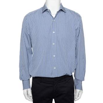 Pre Owned Tom Ford White & Navy Blue Patterned Cotton Button Front Shirt XL