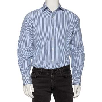 Pre Owned Tom Ford Blue & White Striped Cotton Button Front Shirt L