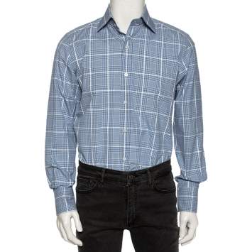 مملوكة مسبقًا Tom Ford Blue Glen Checkered Cotton Button Front Shirt L