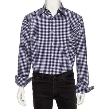 Pre Owned Tom Ford Indigo Gingham Checkered Cotton Button Front Shirt L