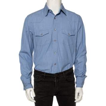 Pre Owned Tom Ford Light Blue Chambray Cotton Patch Pocket Detailed Button Front Shirt XL