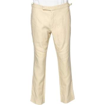 Pre Owned Tom Ford Cream Linen Buckle Waist Detailed Pants XL
