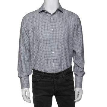 Pre Owned Tom Ford Navy Blue Patterned Cotton Button Front Shirt XL