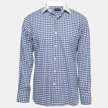 Pre Owned Tom Ford Blue Checked Cotton Button Front Shirt L