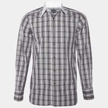 Pre Owned Tom Ford Brown Checkered Cotton Contrast Collar Shirt S