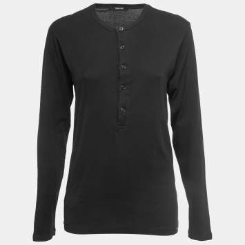 Pre Owned Tom Ford Black Cotton Buttoned Crew Neck Full Sleeve T-Shirt M