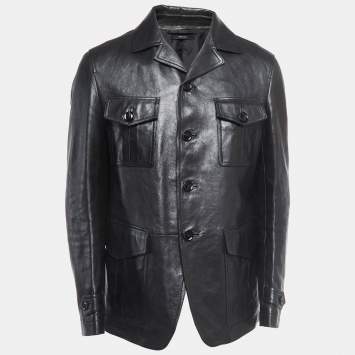 Pre Owned Tom Ford Black Leather Button Front Military Jacket XXL