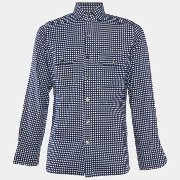 Pre Owned Tom Ford Navy Blue Checkered Cotton Button Front Shirt M