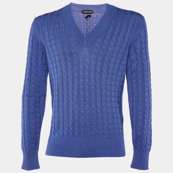 Pre Owned Tom Ford Blue Cotton Cable Knit V-Neck Sweater L