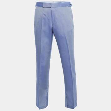 Pre Owned Tom Ford Blue Chambray Silk Blend Straight Fit Trousers M