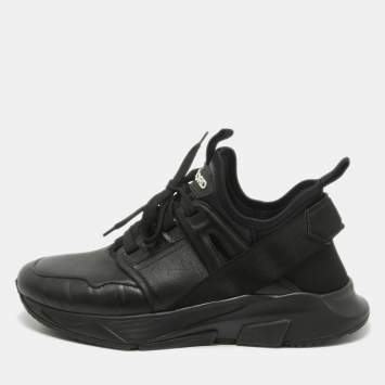 Pre Owned Tom Ford Black Leather and Neoprene Jago Lace Up  Sneakers Size 41