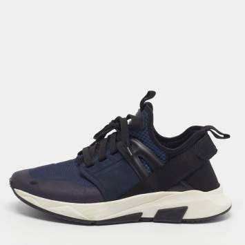 Pre Owned Tom Ford Jago Size 42.5 Navy Blue/Black Knit Fabric and Neoprene Low Top Sneakers