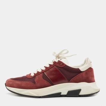 Pre Owned Tom Ford Burgundy Suede and Mesh Orford Low Top Sneakers Size 42