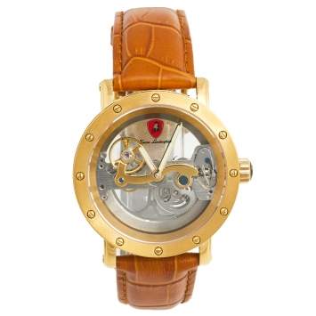Pre Owned Tonino Lamborghini Gold Plated Stainless Steel Leather Skeleton LS4490 Men's Wristwatch 44 mm 