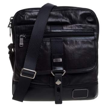Pre Owned TUMI Black/Dark Brown Leather Annapolis Zip Flap Messenger Bag