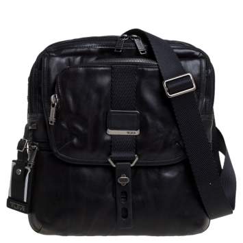 مملوكة مسبقًا TUMI Black Leather Alpha Bravo Arnold Zip Flap Messenger Bag