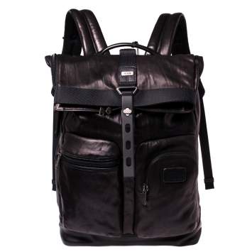 مملوكة مسبقًا TUMI Black/Metallic Bronze Leather Alpha Bravo Luke Roll Top Backpack