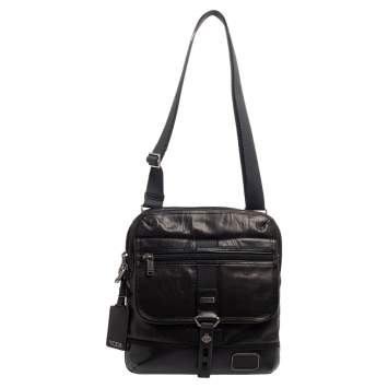 Pre Owned TUMI Black Leather Annapolis Zip Flap Messenger Bag